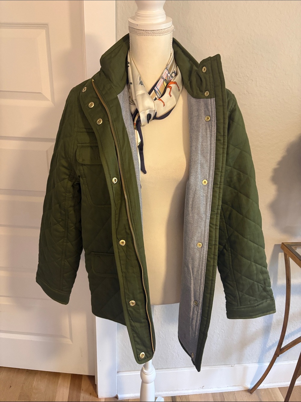 J. Crew Olive Green Quilted Utility Jacket with gold